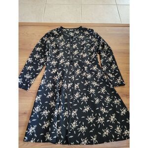 Wild Rose Black Floral Long Sleeve Duster Cardigan Dress Round Neck M/L VTG